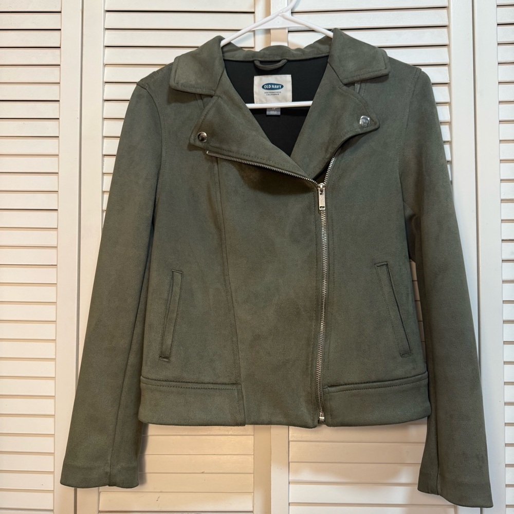 Old Navy Sage Green Suede Moto Blazer Jacket zip up sleeves Size XS - TP
